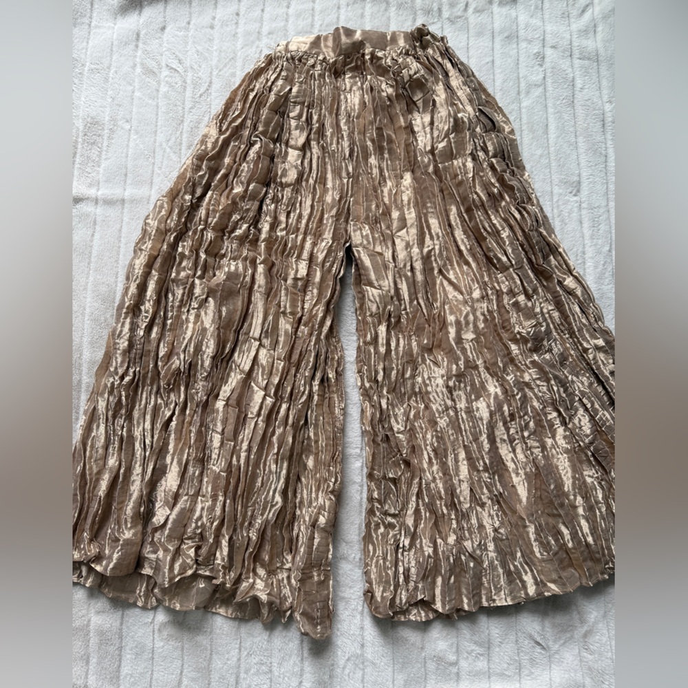 Metallic Crinkled Wide-Leg Pants